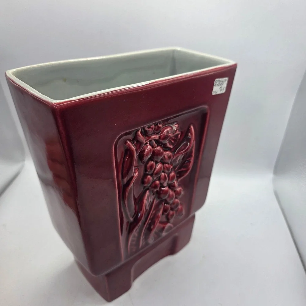 Vintage Red Wing Pottery B2001 Maroon Burgundy Floral Vase Planter MCM USA